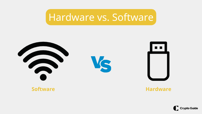 ハードウェアウォレットとソフトウェアウォレットの比較。
